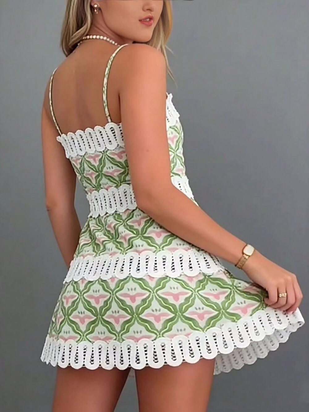 Flower Vintage Women's Floral Print Spaghetti Strap Lace Trim A Line Mini Dress - Picture 2 of 4